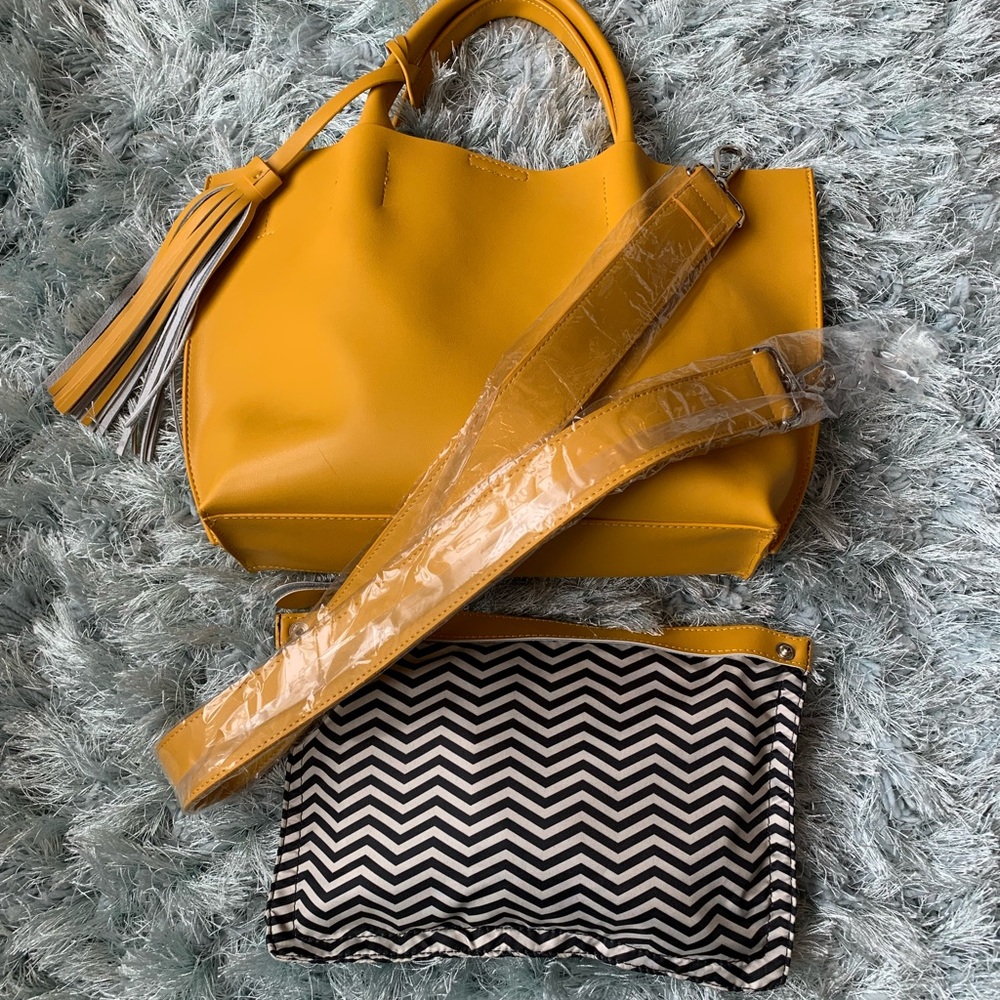 CoLab Leather Tote Bag with removable pocket insert.